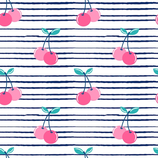 Vector cute summer cherries seamless pattern illustration on blue and white striped background