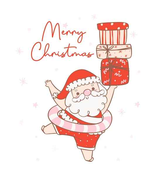 Vector cute summer christmas santa claus with stack gifts kawaii summer christmas holiday cartoon doodle merry christmas banner