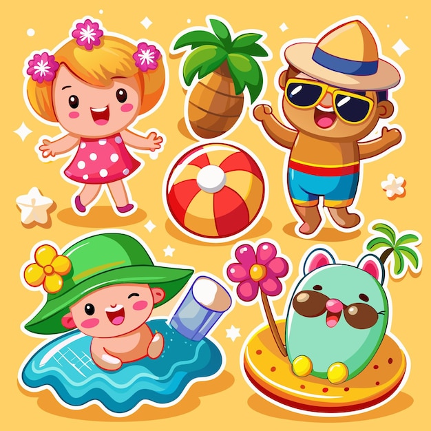 Vector cute summer friends enjoying beach fun sun and games