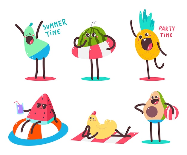 Cute summer fruits characters cartoon set isolated