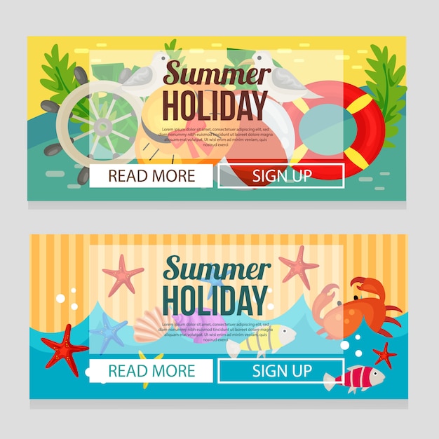 Cute summer holiday banner with marine theme vector illustration