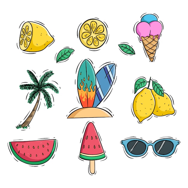 cute summer icons set with lemon watermelon and coconut tree using colored doodle style