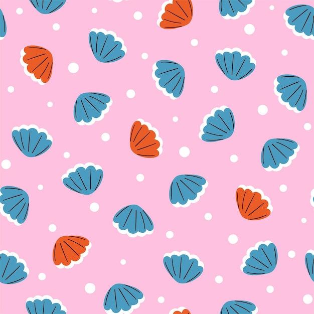 Cute summer marine print with colorful seashells on pink background