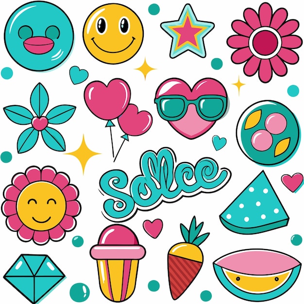 Vector cute summer patches hearts flowers and more fun