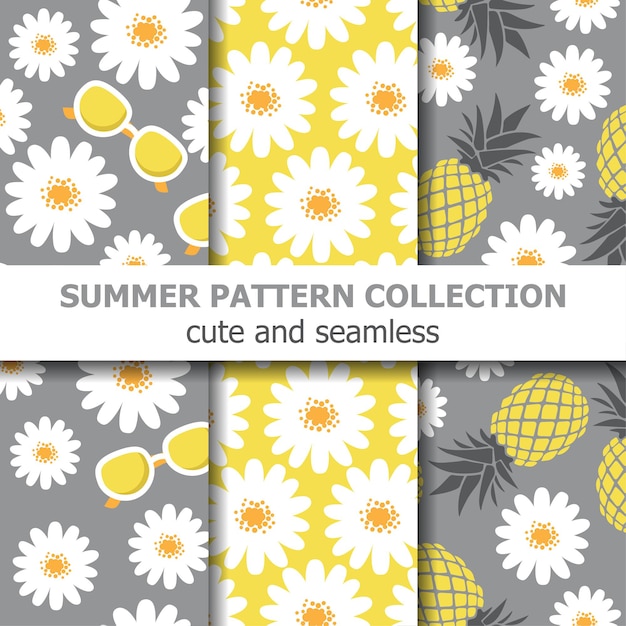 Vector cute summer pattern collection with daisies, sunglasses and pineapples.