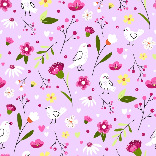 Cute summer pattern with birds and flowers in the blooming garden Vector illustration