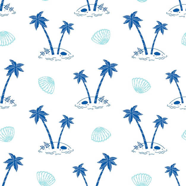 Cute summer print with tropical palm trees and seashells silhouettes