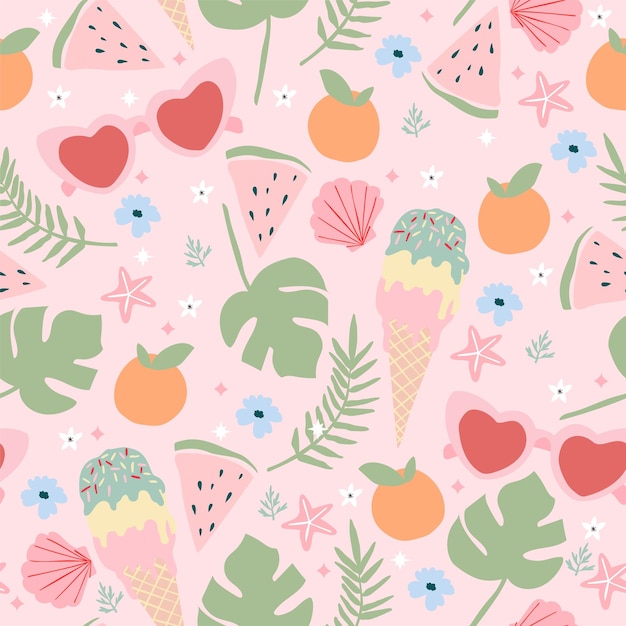 Cute summer seamless pattern Background with ice cream monster watermelon and seashells