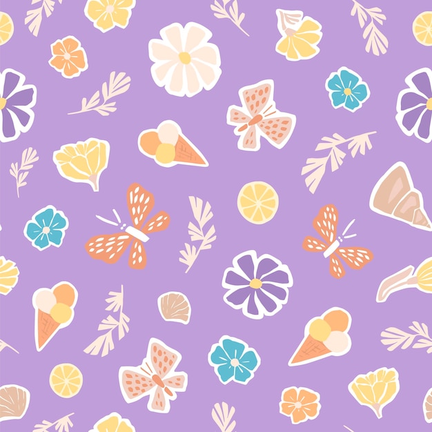 Cute summer seamless pattern of butterflies ice cream lemons seashells flowers and leaves