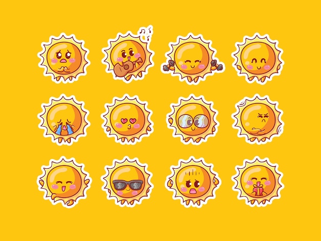 Cute Sun Character Sticker Illustration Set With Various Activity and Happy Expression for mascot