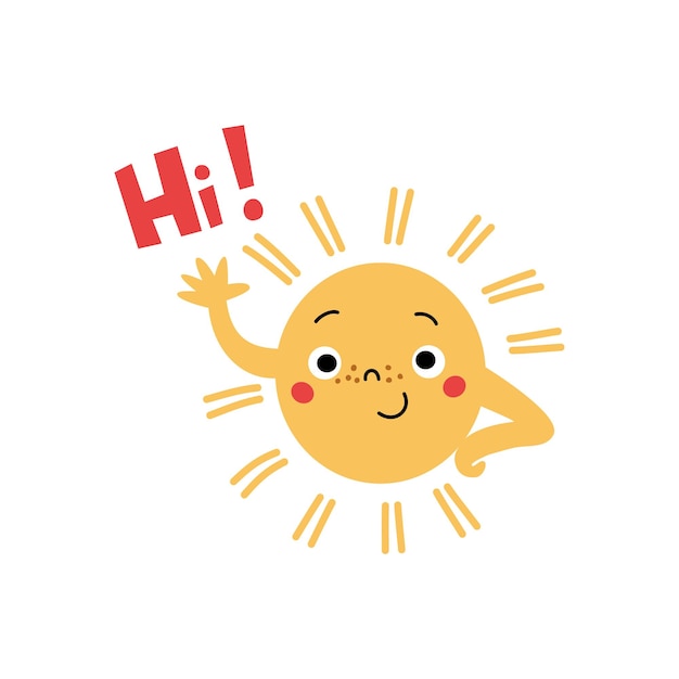 Cute sun character waving hand and Hi lettering