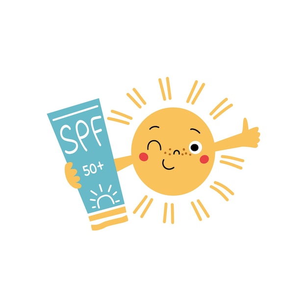 Cute sun character winking and holding sunscreen