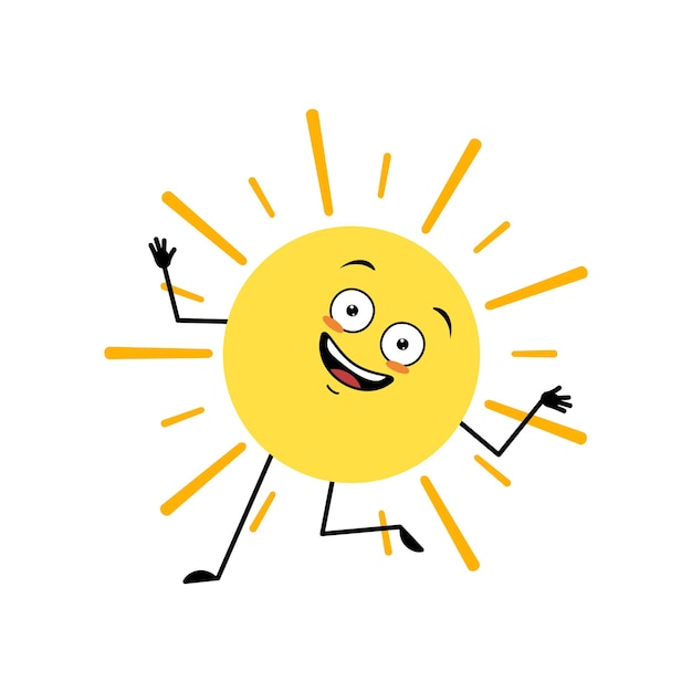 Vector cute sun character with crazy happy emotion joyful face smile eyes dancing arms and legs person with funny expression and pose vector flat illustration