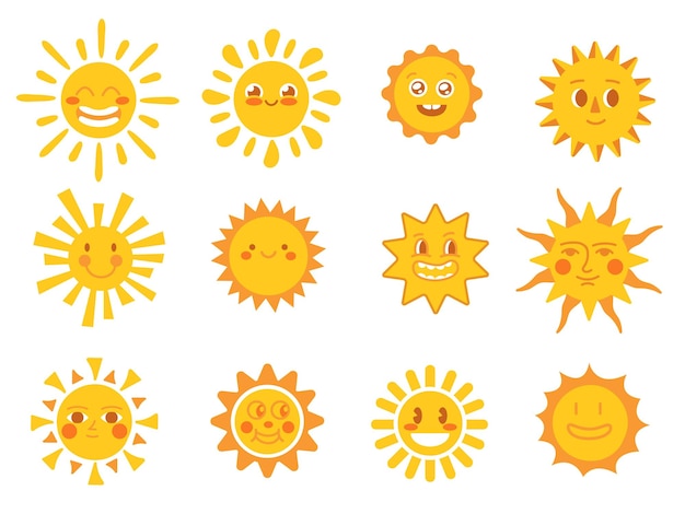 Cute sun faces Good morning sunshine yellow icons Joy comic suns funny smiling summer elements Isolated modern design weather emoticons neat vector set