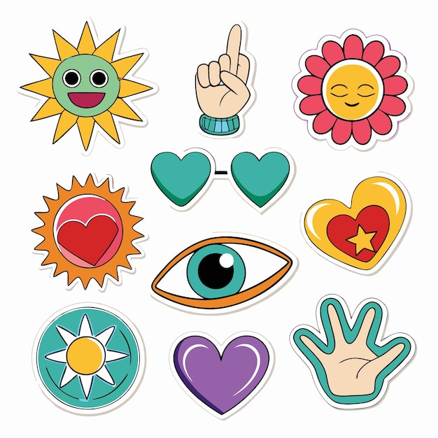 Vector cute sun heart and hand stickers perfect for scrapbooking planners and more