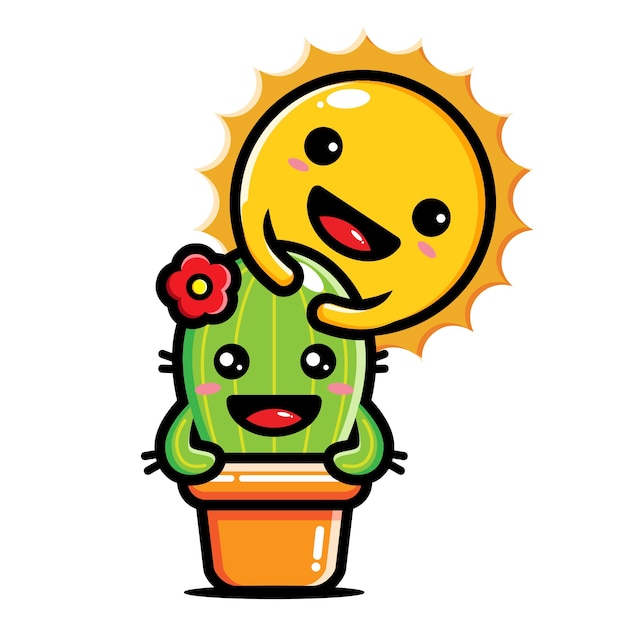 cute sun hugging cute cactus