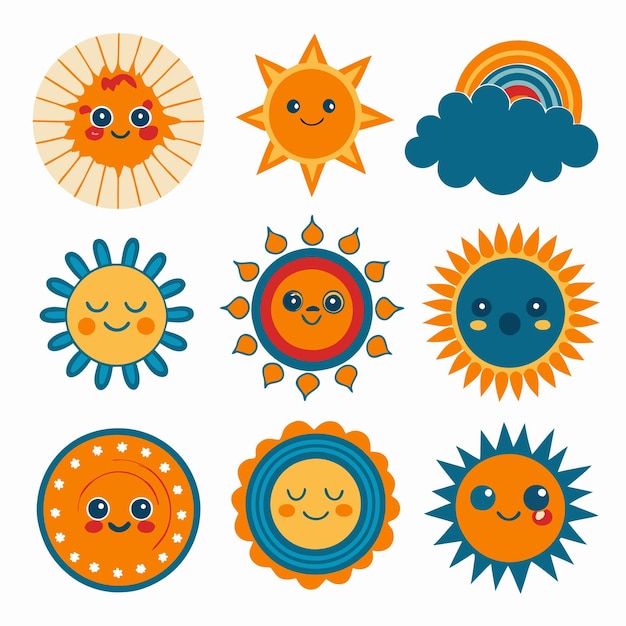 Vector cute sun icons with smiling faces for summer designs