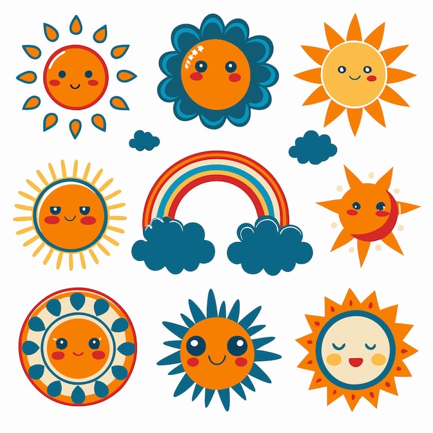 Vector cute sun illustrations with rainbow and clouds