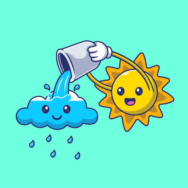 Cute Sun Pouring Water on Cloud Cartoon Vector Icon Illustration Science Nature Icon Isolated Flat