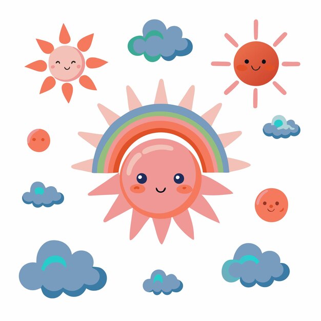 Vector cute sun with rainbow and clouds happy summer illustration