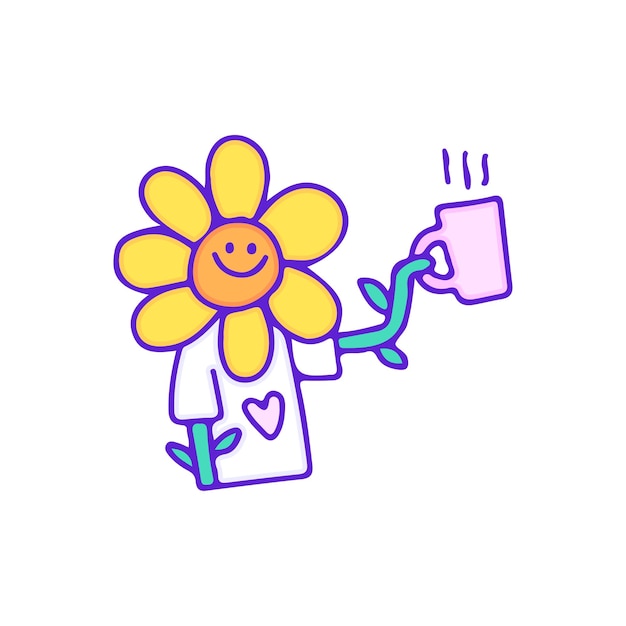 Cute sunflower character drink a cup of coffee, illustration for t-shirt, sticker, or merchandise.