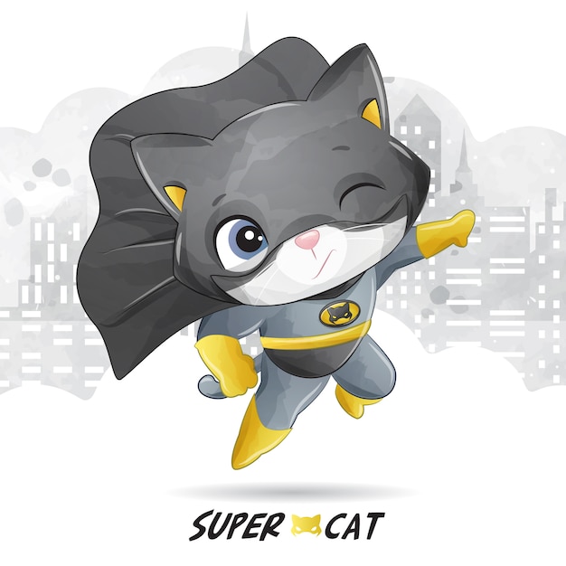 Cute super cat with watercolor illustration