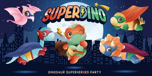 Cute super dinosaur with watercolor illustration