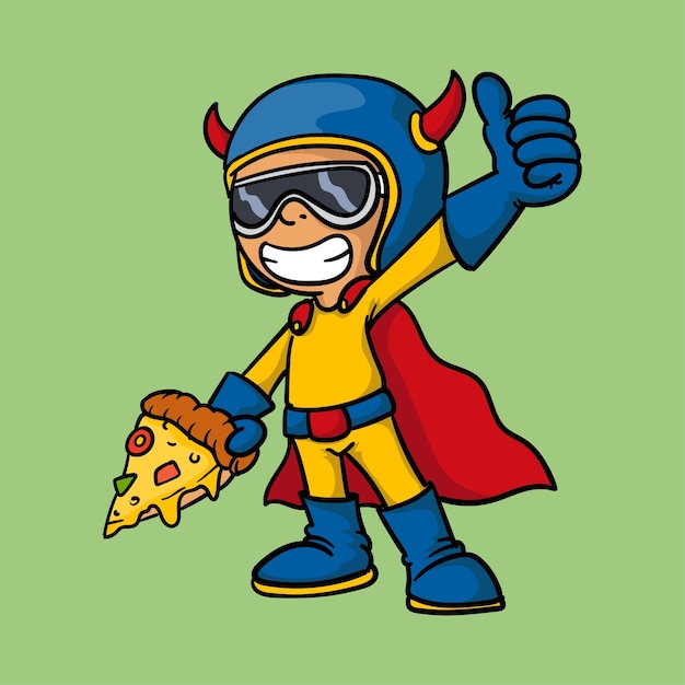 Cute super hero loves pizza vector illustration