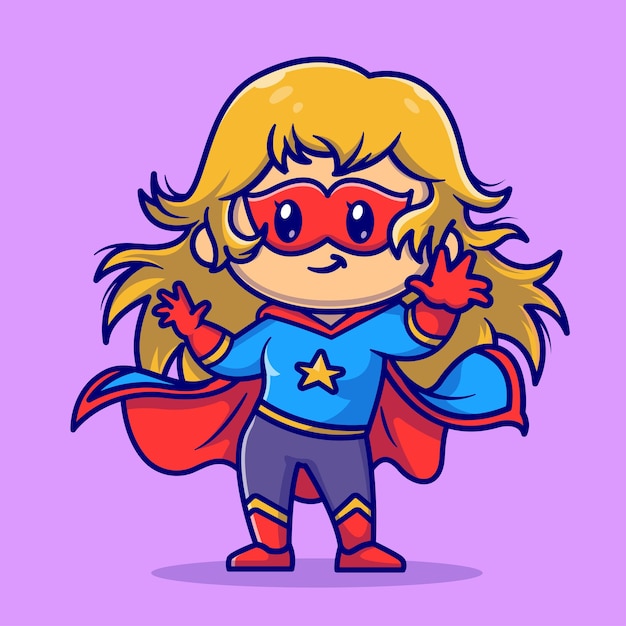 Cute Superhero Girl Cartoon Vector Icon Illustration. People Holiday Icon Concept Isolated Premium Vector. Flat Cartoon Style