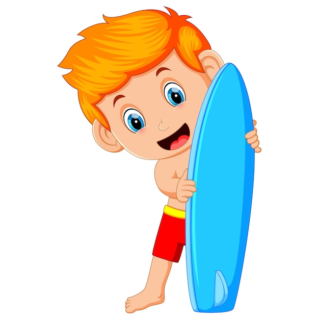 Cute surfer man is holding surfboard