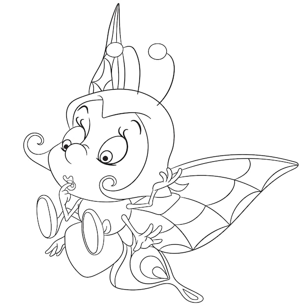 Cute surprised female butterfly. Cartoon coloring book page for kids.