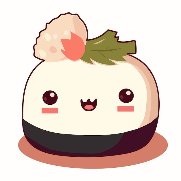 Cute sushi icon in kawaii style with smiling face and pink cheeks Japanese traditional cuisine dishes Temaki tempura nigiri tamago uramaki futomaki