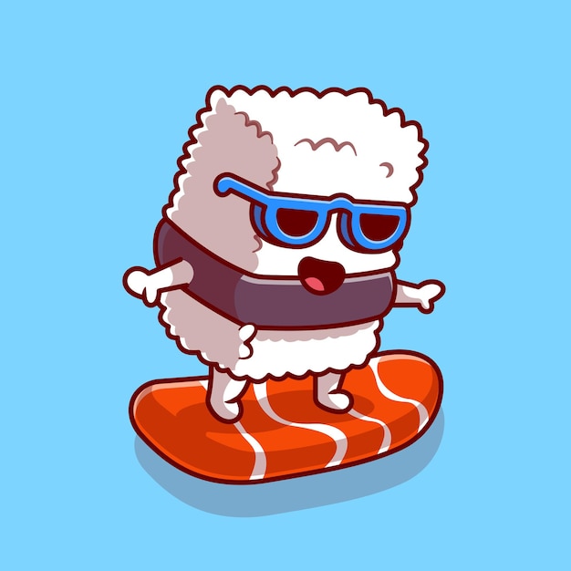 Cute Sushi Salmon Surfing Cartoon Icon Illustration.