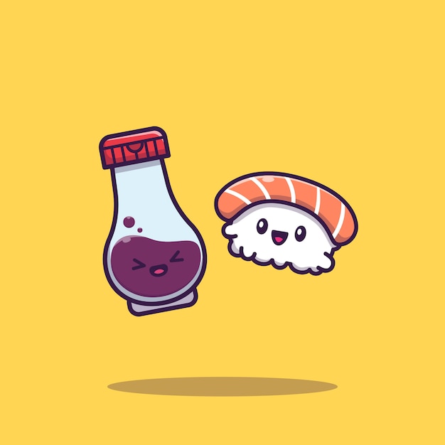 Cute Sushi With Soy Sauce Cartoon   Icon Illustration. Sushi Food Icon Concept Isolated  . Flat Cartoon Style