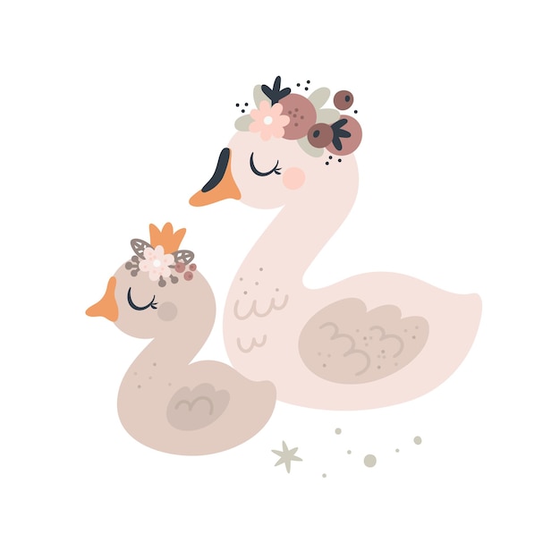 Cute swans birds Mom and baby animals with floral wreath