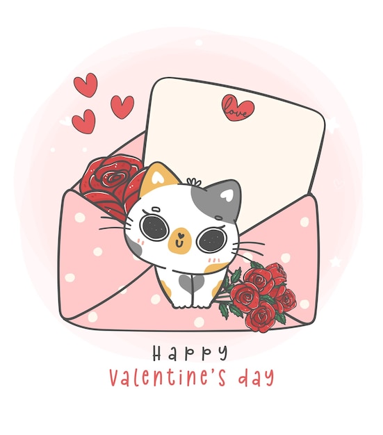 Cute sweet Valentine calico kitten cat in pink love envelope with red rose cartoon Happy Valentines day animal doodle hand drawing illustration vector