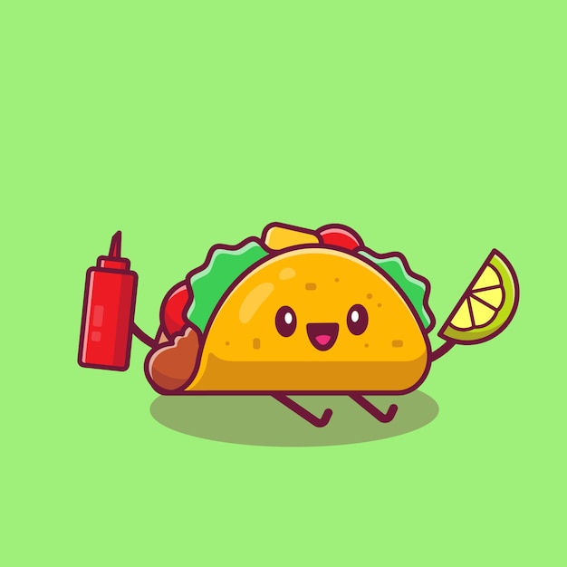 Cute Taco Holding Lemon And Sauce Cartoon   Icon Illustration. Fast Food Cartoon Icon Concept Isolated  . Flat Cartoon Style