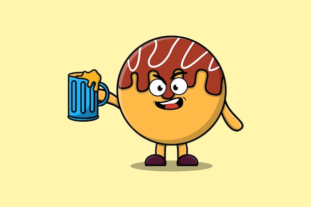 Cute Takoyaki cartoon mascot character with beer glass and cute stylish design flat illustration