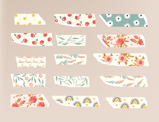 Vector cute tape strip washi ripped paper collection scrapbook floral kids element