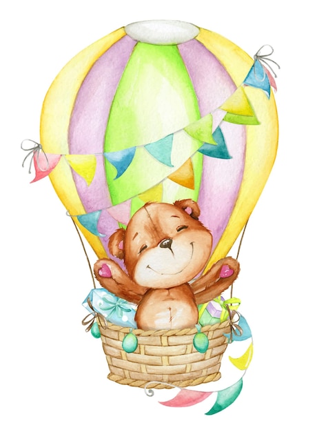 Cute teddy bear in a balloon Watercolor cartoonstyle clipart on and isolated background