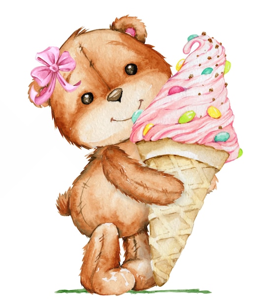 Cute teddy bear holding ice cream Watercolor cartoonstyle clipart on an isolated background