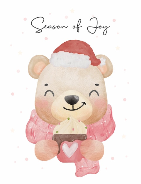 Cute teddy bear holding pink cup of whipped cream wearing scarf and santa hat Christmas bear happy seoson animal cartoon illustration hand drawing