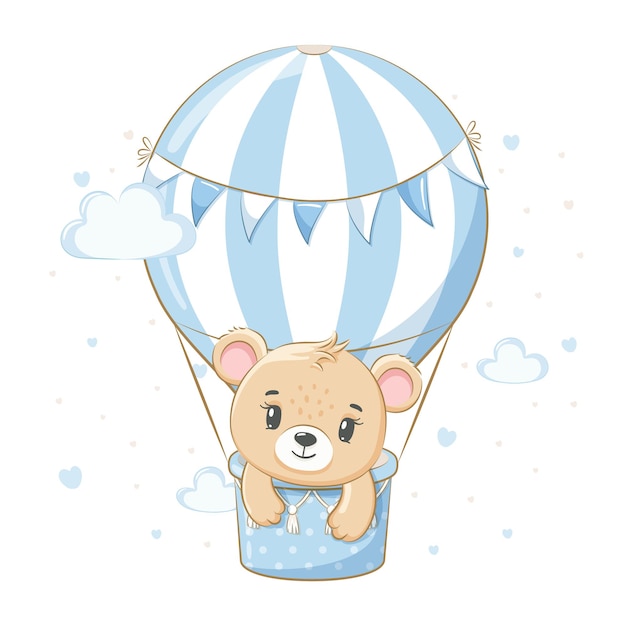 A cute teddy bear is flying in a balloon. Vector illustration of a cartoon.