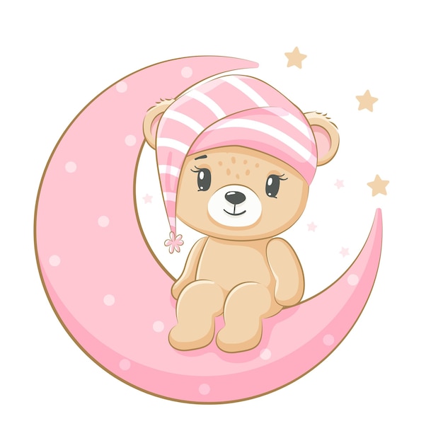 A cute teddy bear is sitting on the moon. For a girl. Vector illustration of a cartoon.