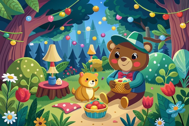 Cute teddy bear picnic in a magical forest illustration