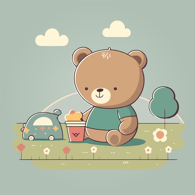 cute teddy bear playing with toys in nature