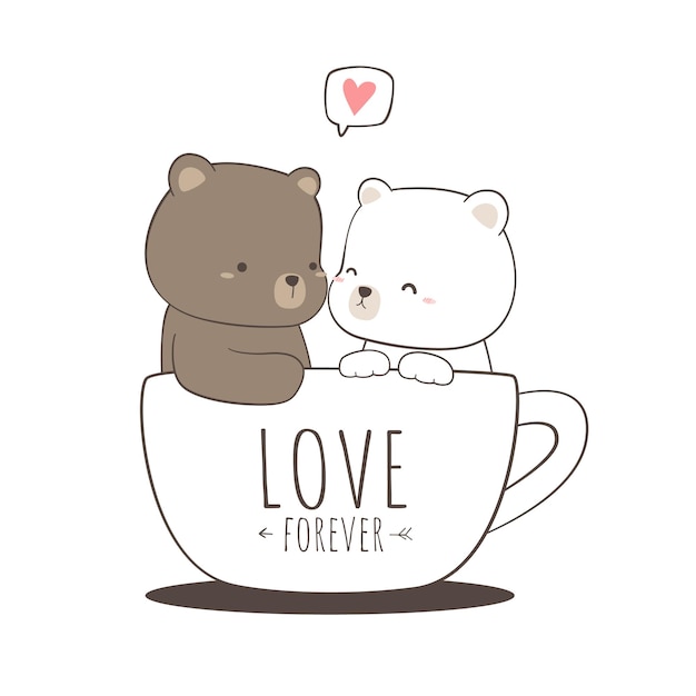 Cute teddy bear and polar bear couple sitting in a coffee cup cartoon doodle