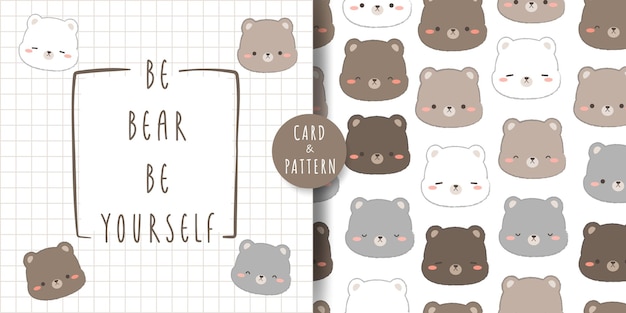 Cute teddy bear and polar bear head cartoon doodle card and seamless pattern