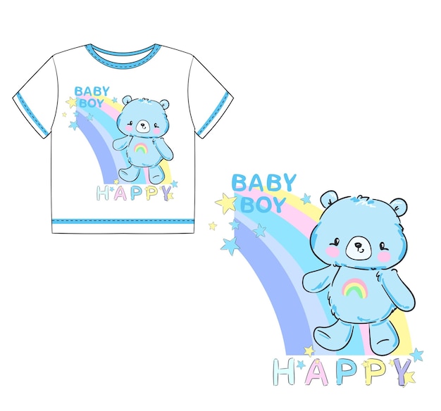 Cute Teddy Bear and Rainbow Vector Illustration Childrens Print on Tshirt