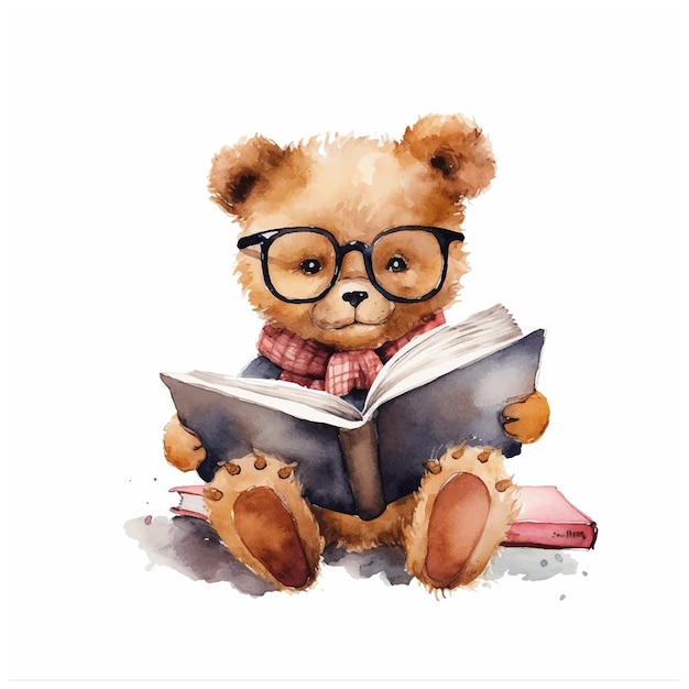 Cute teddy bear reading book watercolor paint